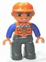 Werkman met oranje veiligheidsvestje, oranje helm en blauwe trui 