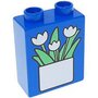 2-nops blauw steentje met afbeelding van een vaas met witte bloemen / tulpen 